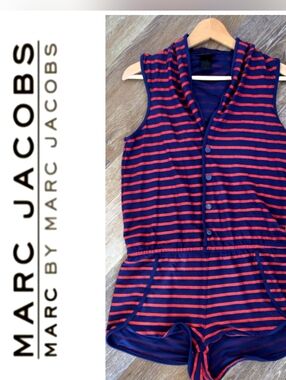 Marc Jacobs Navy Red Striped Sleeveless Shorts Romper Swim Cover Up Hooded Nylon